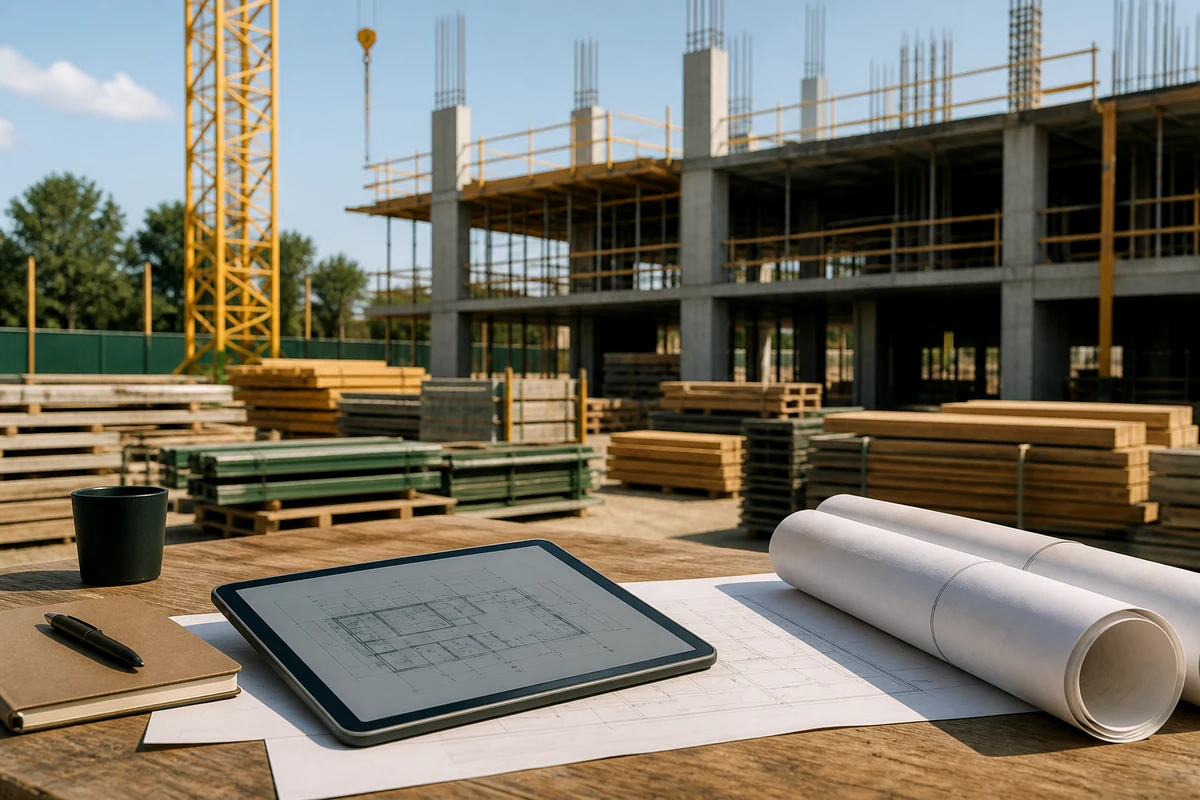 Construction site with a tablet showing building plans