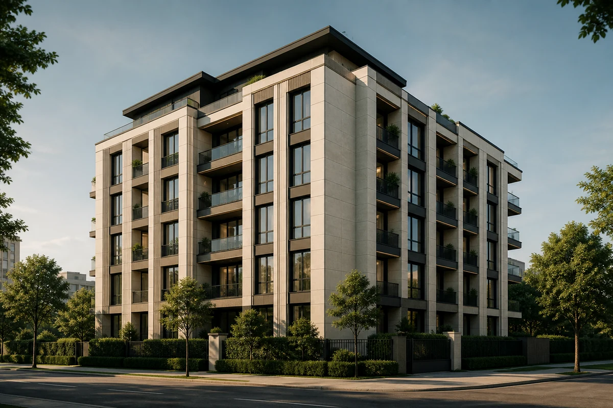 Photorealistic facade rendering of a residential building