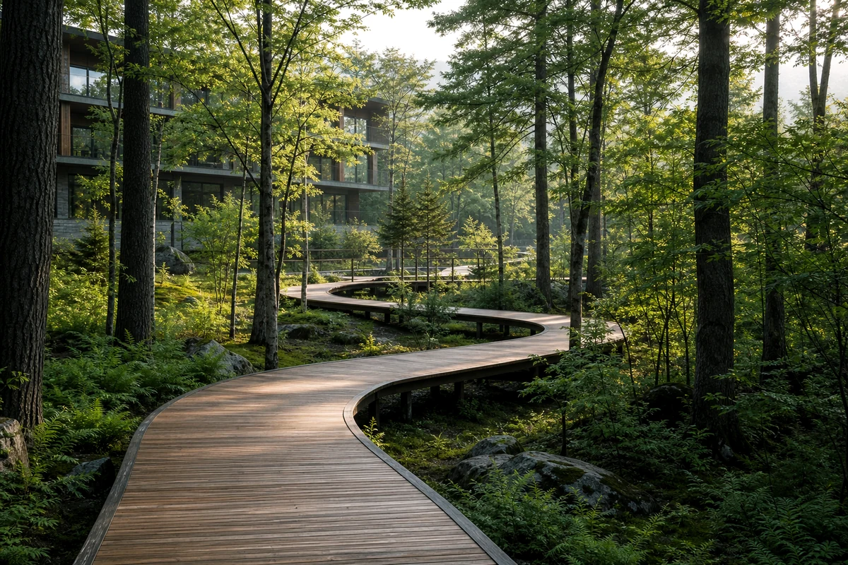 Wooden garden path winding through a forest